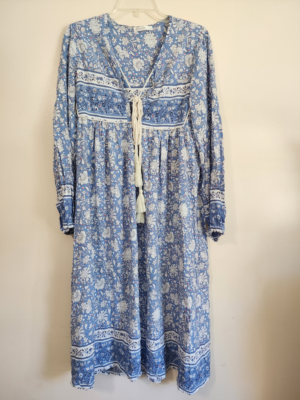 Blue Floral Boho Maxi Dress with Tassel Tie